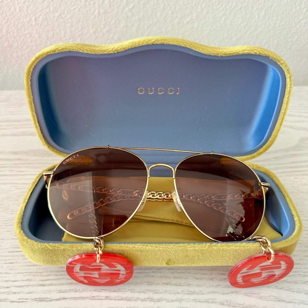 Gucci Gold Aviator Sunglasses with Red Charms